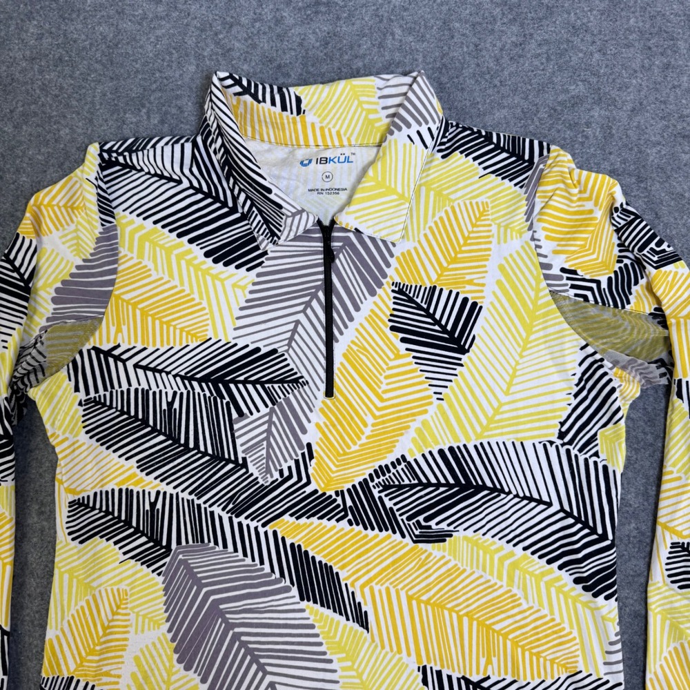 IBKUL Womens Sun Shirt Yellow Black Palm Leaf Mesh Quarter Zip Golf Top Medium - Picture 5 of 8